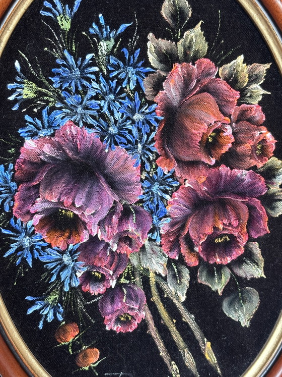 Image 1 of Vibrant Vintage Velvet Floral Painting - Small Oval Wooden Frame with Gold Trim (32x24.5cm)
