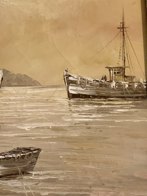 Port at Dusk - Superb Seascape - Oil on Canvas with Palette Knife (In the Spirit of the Cape Ann School) (photo 22 of 29)