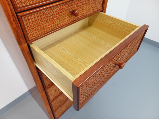 Image 1 of Commode Chiffonnier Semainier Vintage en Rotin, Bois et Cannage des Années 70