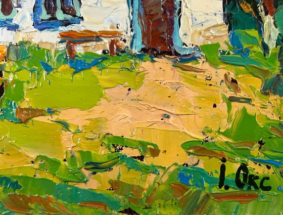 Image 1 of Original Oil Painting Summer Village Landscape Where childhood is on the grass