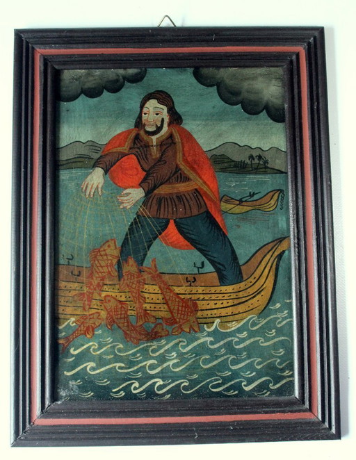 Peinture sous verre - motif chrétien - env. 1920 - encadré professionnellement dans un cadre en bois
