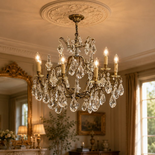 Grote Franse kroonluchter van kristal en verguld brons, 8 lampen, in Maison Baguès-stijl