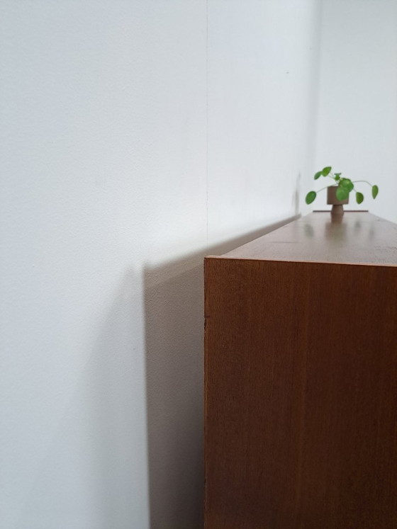 Image 1 of Danish teak wide LP cabinet with shelves, drawers and bar with mirror