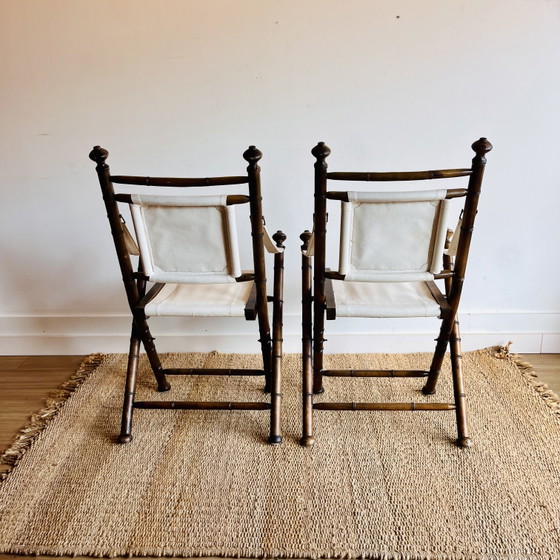 2 vintage campagne stoelen faux bamboo | jaren 70/80 Vintage – Eetkamerstoelen, Canvas, Wood (photo 6 of 12)
