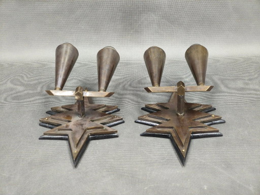Pair of Czech Cubist Brass Wall Lights, Czechoslovakia, 1920s
