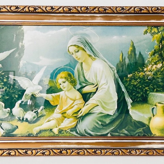 Image 1 of Quadro religioso vintage con cornice Madonna delle Colombe Natale anni '60