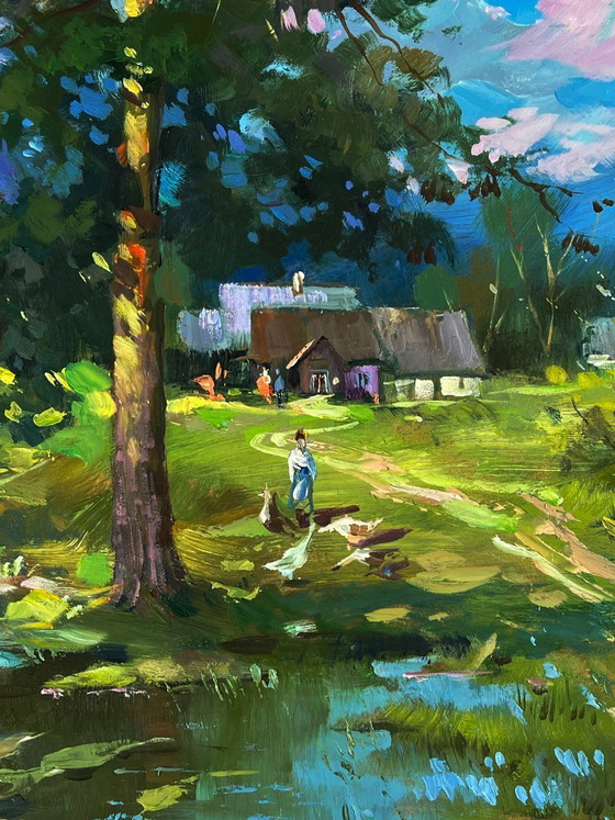 Image 1 of Original Oil Painting Nature Landscape Countryside Swamps near the Village
