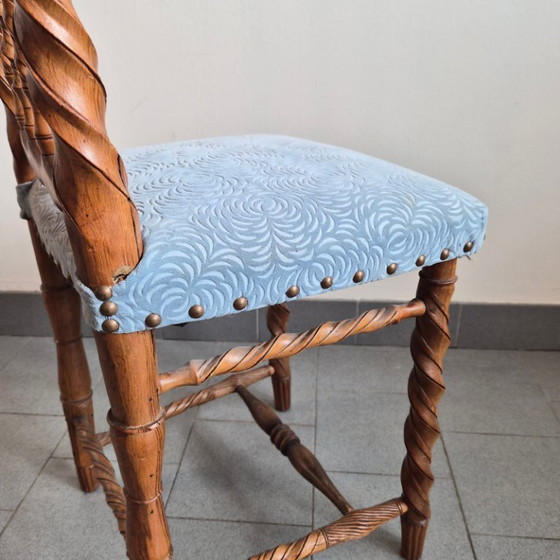 Image 1 of Handcrafted vintage chair from the 1950s in carved wood and velvet, 1950s folk art