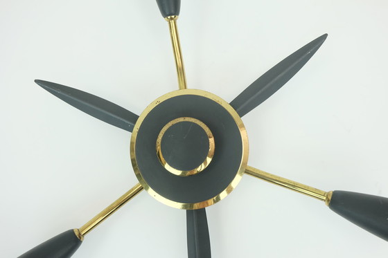 Image 1 of Plafoniera a 3 luci Sputnik della metà del secolo scorso in ottone e metallo grigio scuro