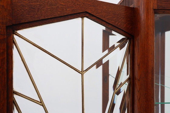 Image 1 of Mobiletto Art Déco francese in rovere con vetro piombato bisellato, ca. 1920