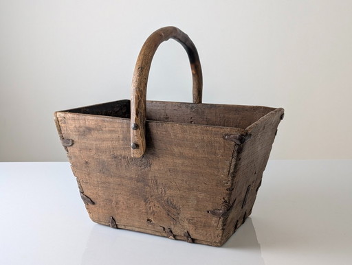 Antique Wooden Log Basket with Hand-Forged Hardware, Wabi-Sabi, 19th Century