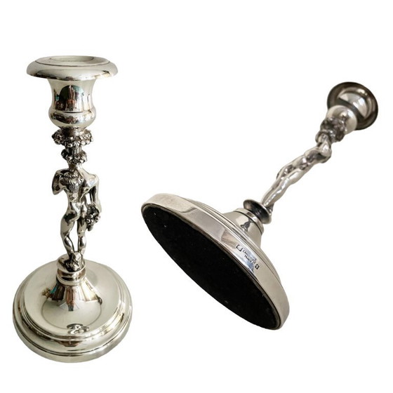 Image 1 of Pair of Christofle Figural Candle Holder - Vintage French Male Nude Silver Plated Candlesticks