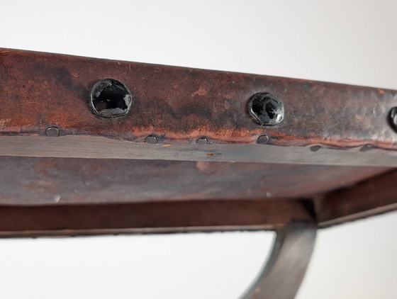 Image 1 of Sgabello curule coloniale spagnolo in pelle e ferro battuto, Messico, anni '40