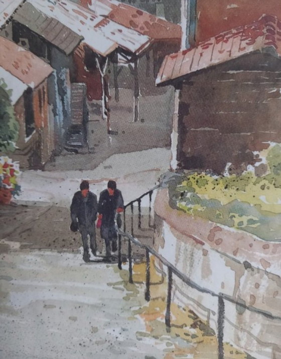 Image 1 of Original watercolor by Allain Renoux - Picturesque village scene of great architectural finesse