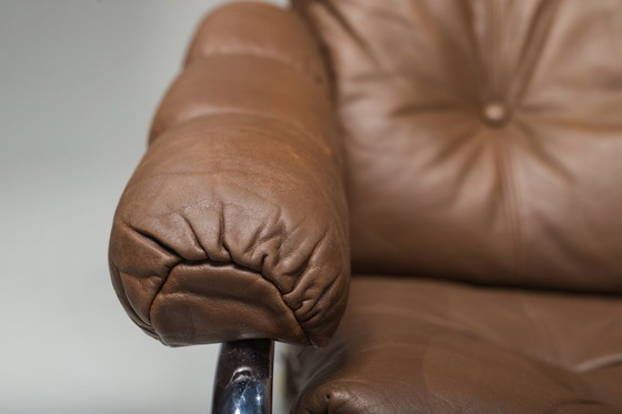 Image 1 of  Conjunto de tumbona y otomana suecas en cromo y cuero marrón de Scapa Rydaholm, años 60