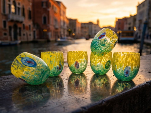 Set van 6 Venetiaanse glazen van geblazen glas met Murano-effect (murrine) in het glas verwerkt, handgemaakt in Italië.