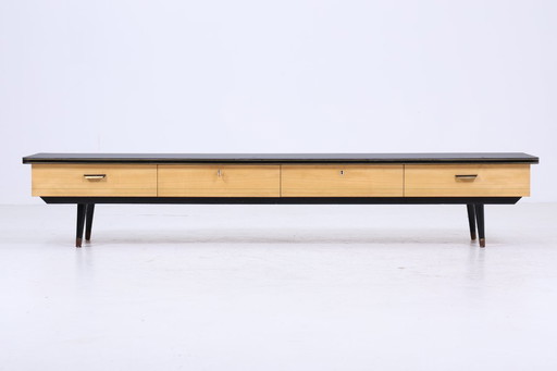 Vintage lowboard 60s | Mid - Century sideboard with drawers & linoleum surface Retro wood storage #04-46