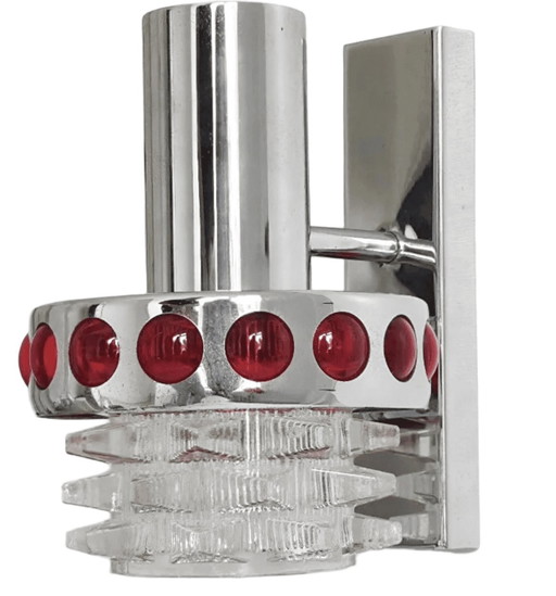 Lámpara de pared vintage Space Age de cristal rojo cromado Massive Raak, Ámsterdam, años 70