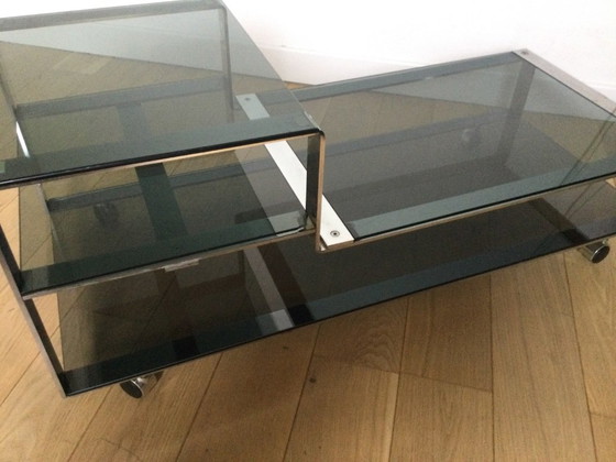 Image 1 of Salontafel / Laag kastje, Italiaans design in gerookt glas en staal
