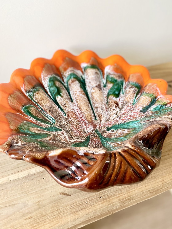 Image 1 of Vintage French Scallop Shell Bowl · Jaspe Marbled Glaze · Vallauris Style · Mid-Century Pottery · Ceramic Sculpture