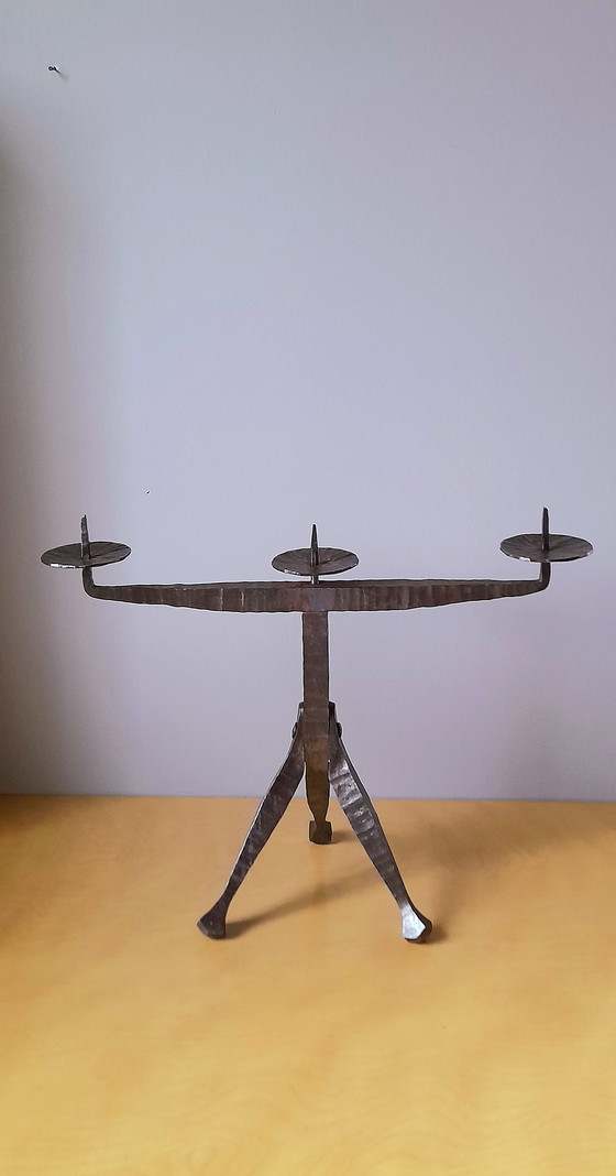 Image 1 of Brutalist Tripod Wrought Iron Candlestick, Les Artisans De Marolles, 1960