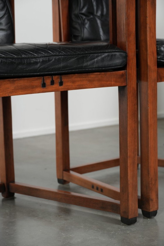 Image 1 of Ensemble de 4 chaises de salle à manger de luxe en cuir noir, design Art déco, par Schuitema
