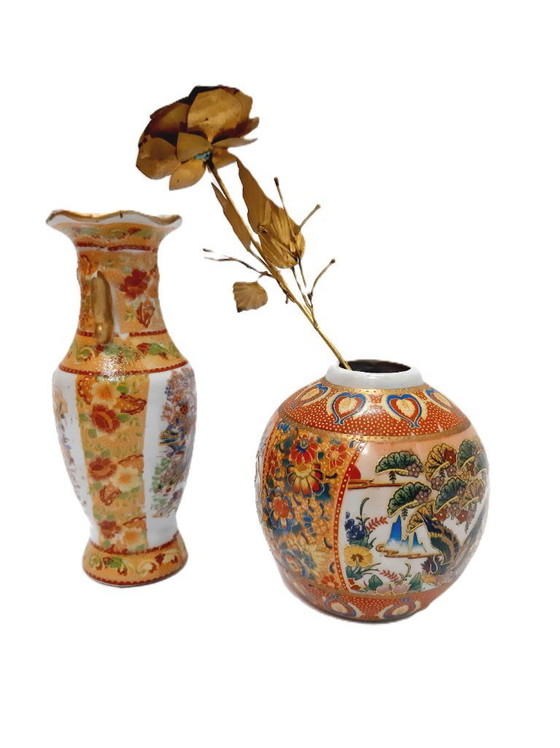 Image 1 of Two Vintage Chinese porcelain vases and brass rose
