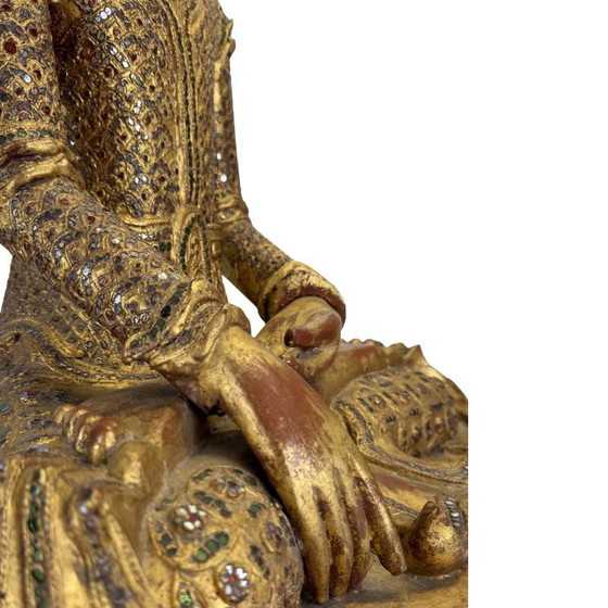 Antieke Birmese Jambupati Boeddha met glasinleg, 57 cm hoog. – Beeldhouwkunst, Wood (photo 3 of 16)