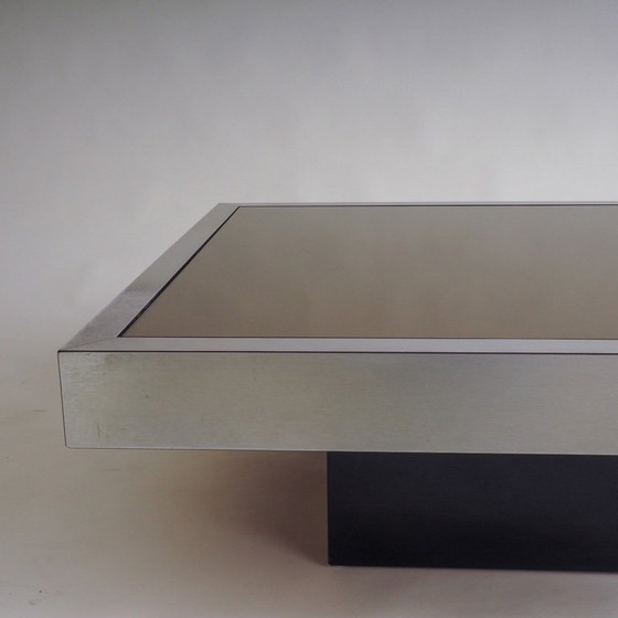 Image 1 of Tavolino in acciaio inox con piano in vetro marrone