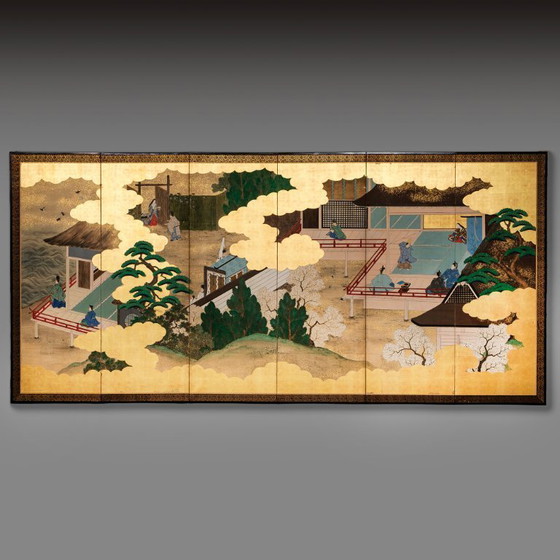 Image 1 of Antico paravento giapponese a sei pannelli con raffigurazione della storia di Genji.