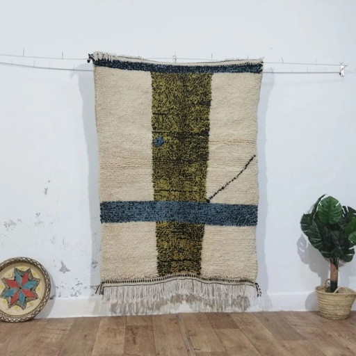 Handmade Wool Rug – Olive Green & Blue Modern Style (150 × 113 cm)