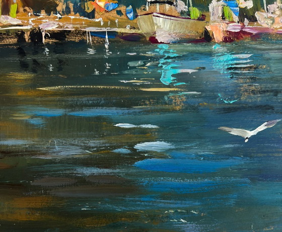 Image 1 of Original Oil Painting Summer River Landscape Small yacht club