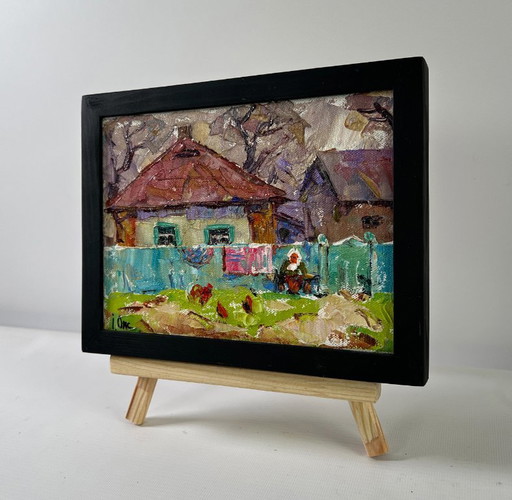 Original Oil Painting Autumn Village Landscape Yard in Sunset Light