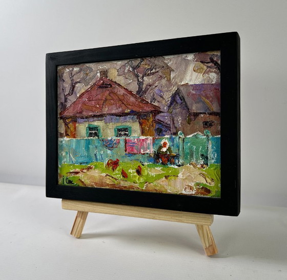 Image 1 of Original Oil Painting Autumn Village Landscape Yard in Sunset Light