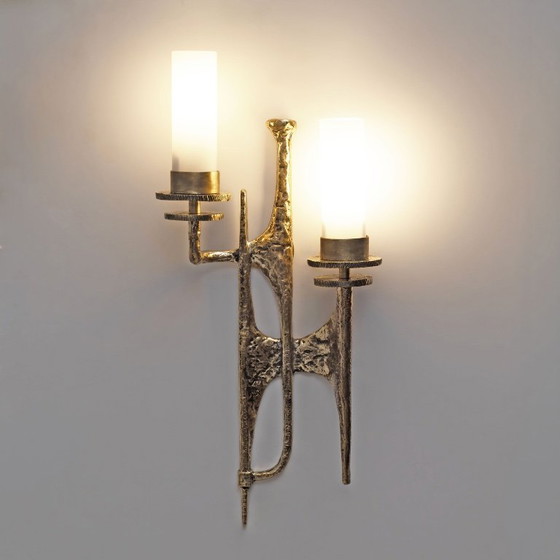Paar brutalistische Bronze-Wandleuchten und Murano-Glas-Sconces von Felix Agostini (photo 3 of 8)