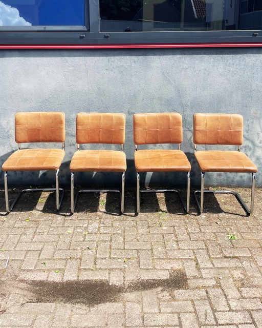 Brown leather tube frame chairs (4 pieces)