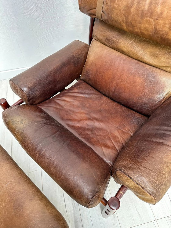 Image 1 of Poltrona lounge e poggiapiedi vintage in pelle Inca di Arne Norell per Norell Möbel AB, design svedese, anni '70.