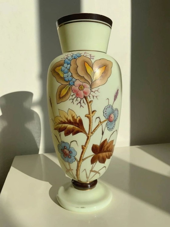 Image 1 of Antique Bohemian Art Nouveau Uranium Satin Glass Vase - Harrach - c. 1900
