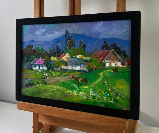 Original Oil Painting Summer Village Landscape Harmony of nature and human labor