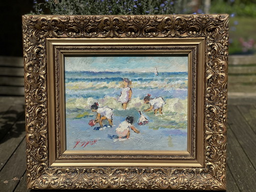 À la plage, huile sur toile, signée, encadrée