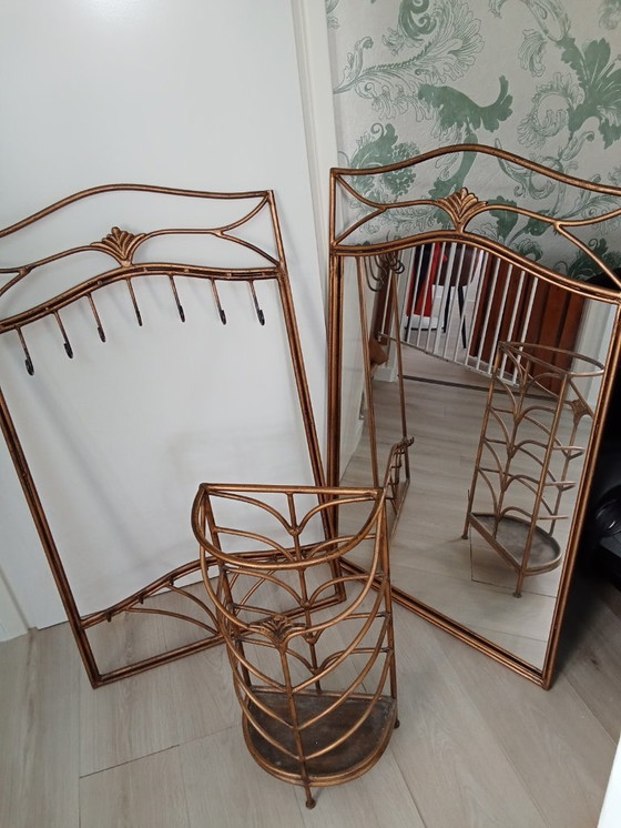 Image 1 of 3 delig Palazzo art / art nouveau vestibule set spiegel kapstok paraplu houder goud metaal kleur