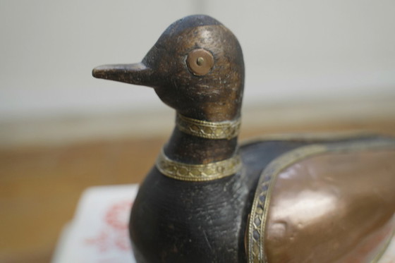 Image 1 of Hand-Carved Wood Duck Figurine with Brass Copper Inlay, Nepalese Tibetan Folk Art