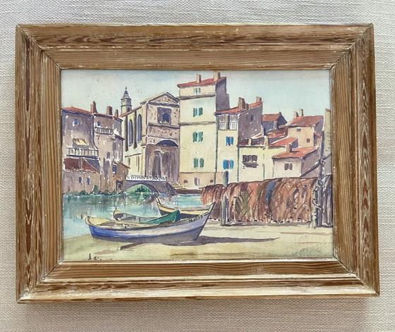 Vintage Franse aquarel van Martigues, Provence – Gesigneerd A. Bianne, ca. 1930 – Schilderijen & Tekeningen (photo 2 of 9)