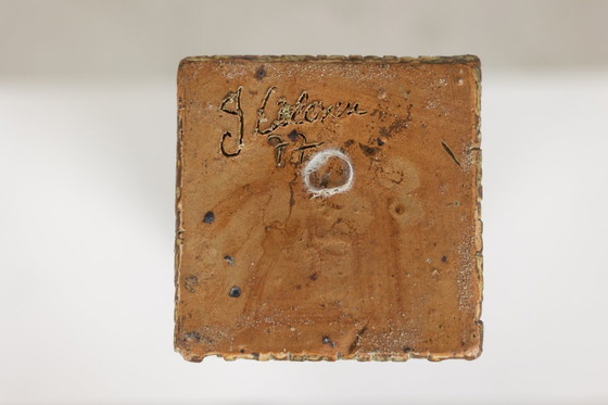 Image 1 of Brutalist style stoneware vase with plant decoration. Year 1977.