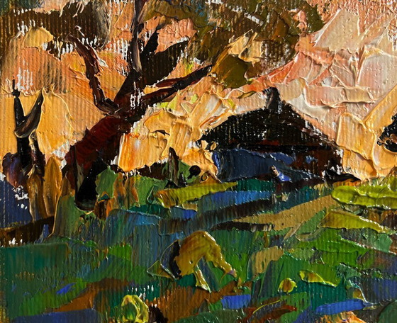 Image 1 of Original Oil Painting Autumn Houses Landscape Autumn vegetable gardens