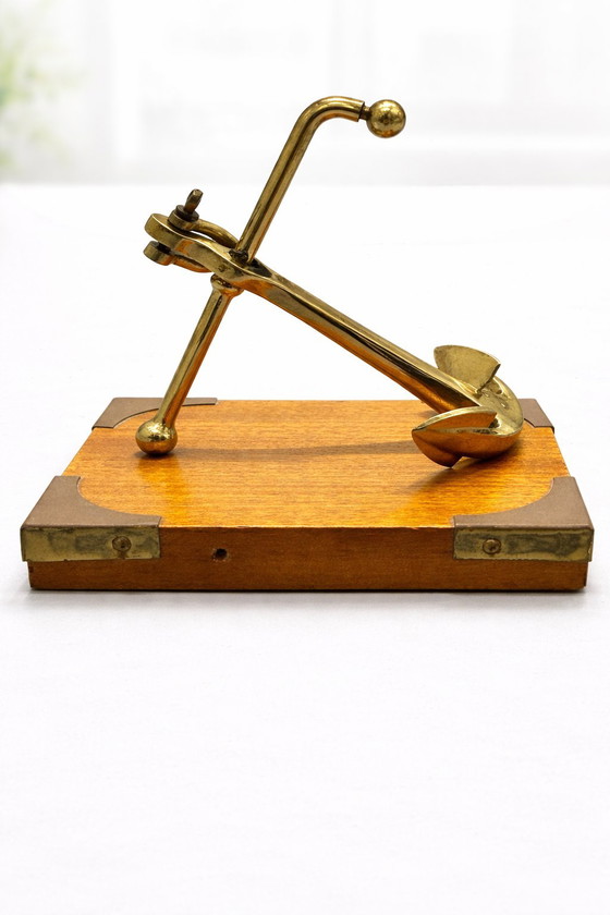 Image 1 of Vintage Mid-Century Brass Anchor Sculpture on Wooden Base - 1960s