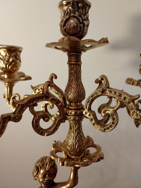Image 1 of Candélabres baroque en laiton massif style baroque Louis xv chérubin putti 