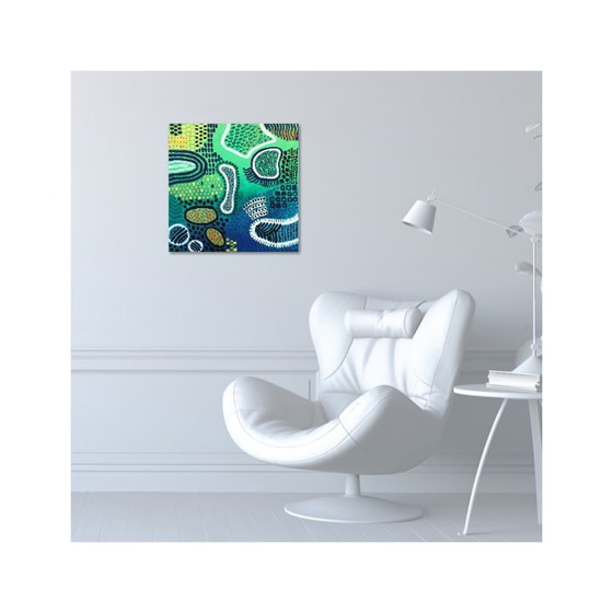 Image 1 of Modern abstract green, yellow, purple and orange mixed media painting