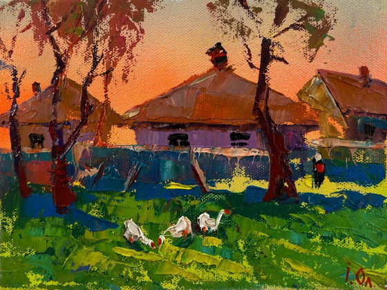 Original Oil Painting Rural Houses Landscape Village Morning – Paintings & Drawings, Canvas (photo 3 of 8)