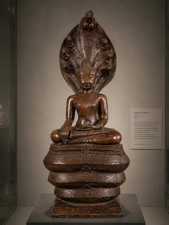 Buda Muchalinda Monumental de Bronce – Tailandia, Siglos XIII–XIV – 122 cm – Esculturas, Bronze, Gold (photo 2 of 11)